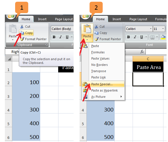 excel paste special