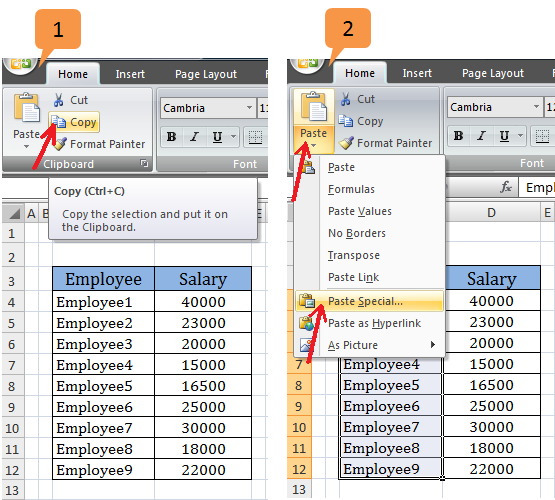 paste special in excel