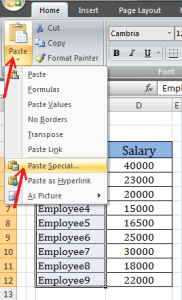 paste special in excel