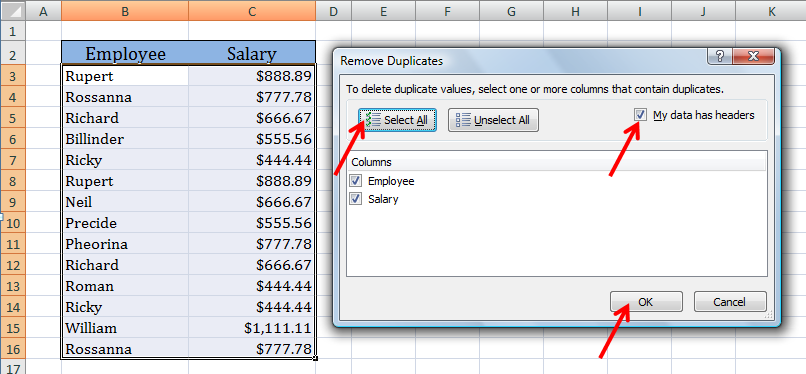 excel remove duplicates