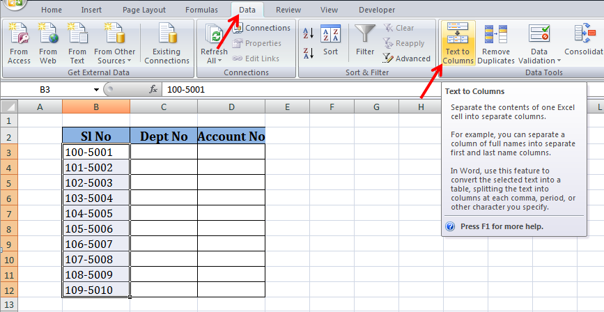excel text to column