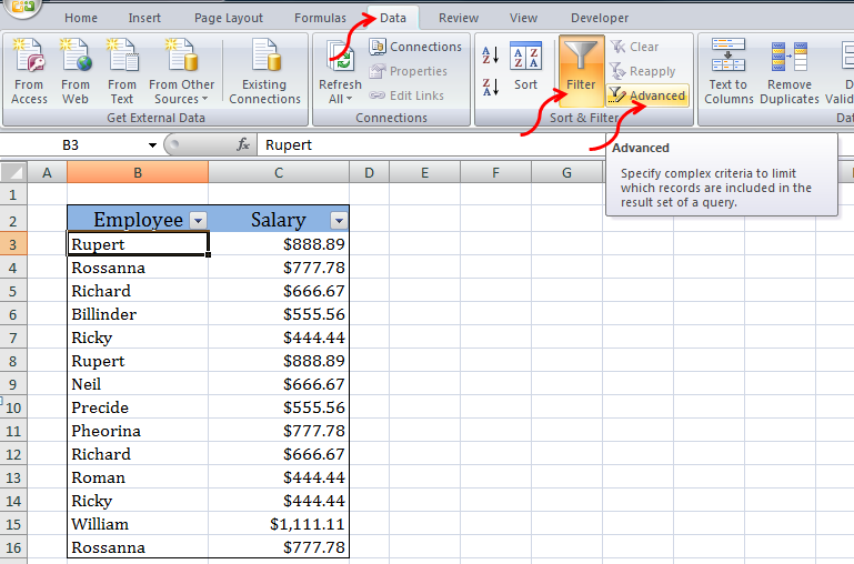 advance filter excel