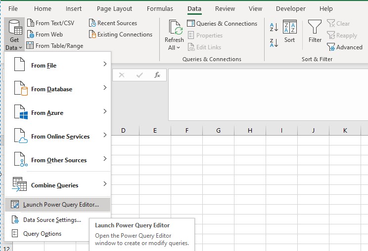 Excel get data option to select the data source