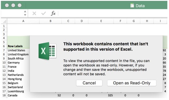 Pivot table error message in MacOS