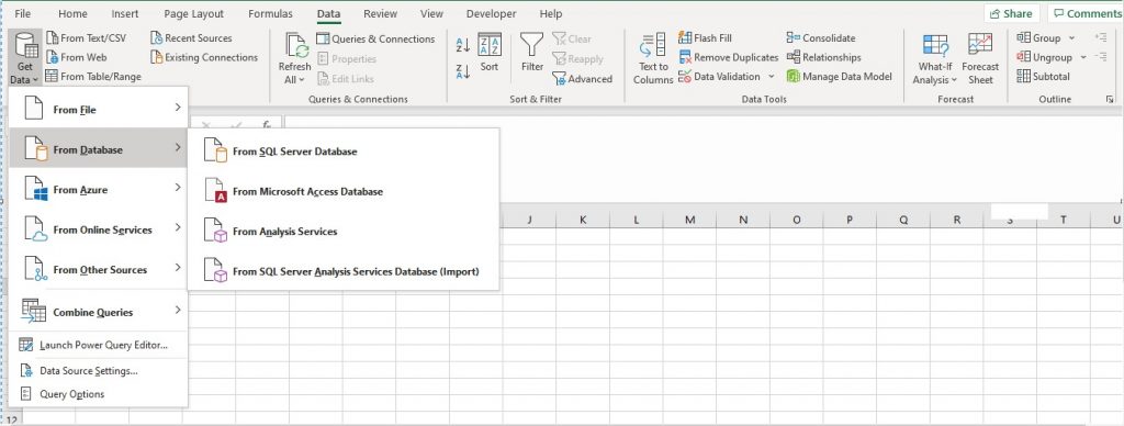 Navigating to database option in excel