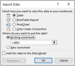 Selecting the excel range to load table data