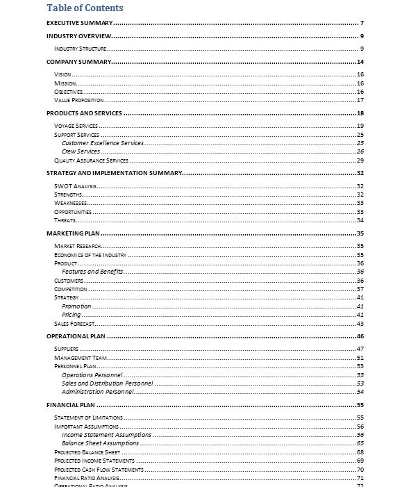 table of contents of the business plan