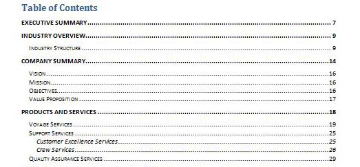 business plan template with table of contents